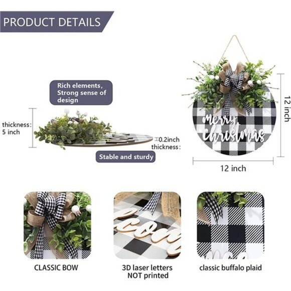 Christmas Wreath Signs, Wood Door Sign, Buffalo Plaid Front Door Decorations - Picture 7 of 7